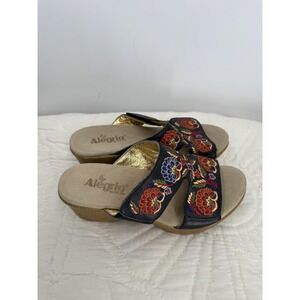 Alegria Linn Black Needles & Pins Embroidered Leather Wedge Sandal US 9 EU39